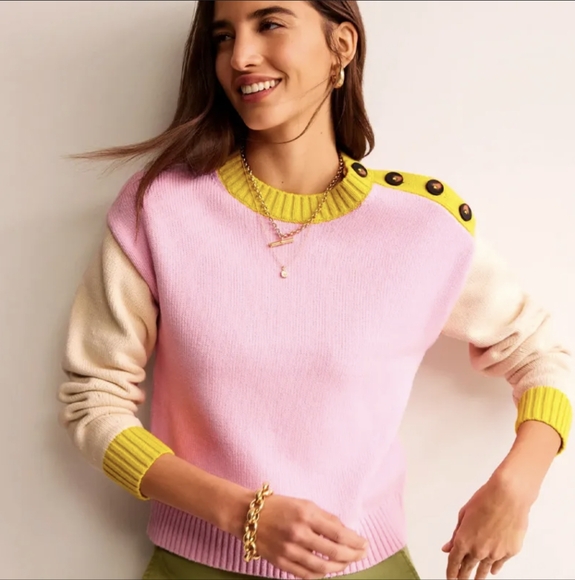 Boden Pink Crew Neck Sweater with Contrast Cuffs and Cropped Length - Picture 2 of 8